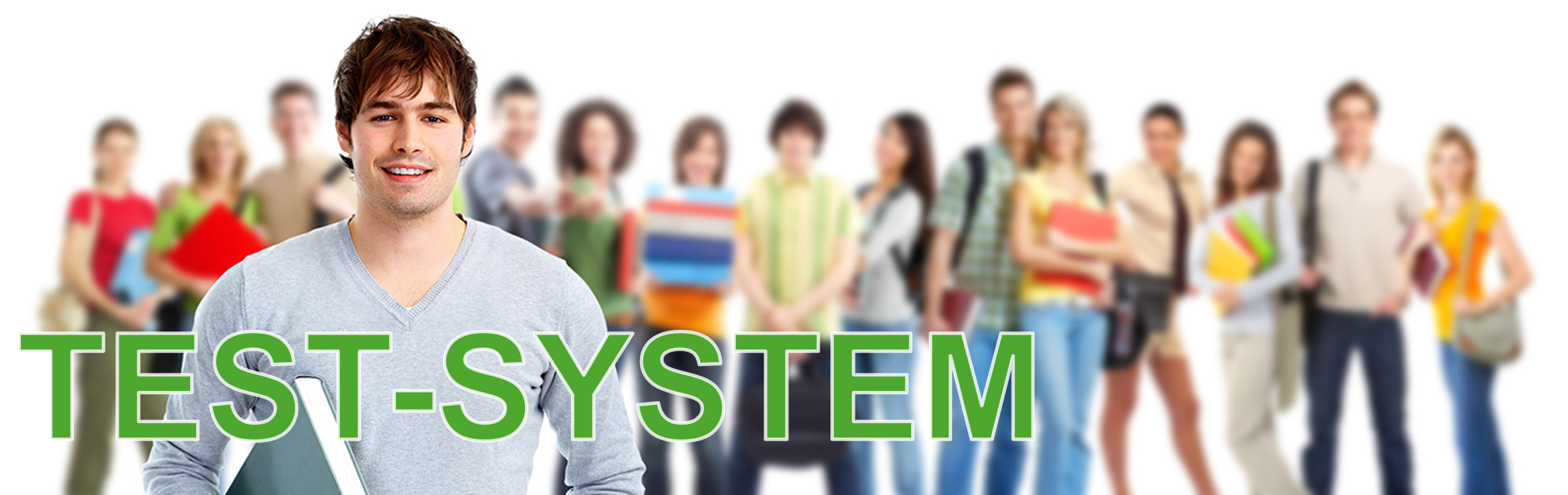 Junger Student mit Buch, im Hintergrund unscharf weitere Studenten